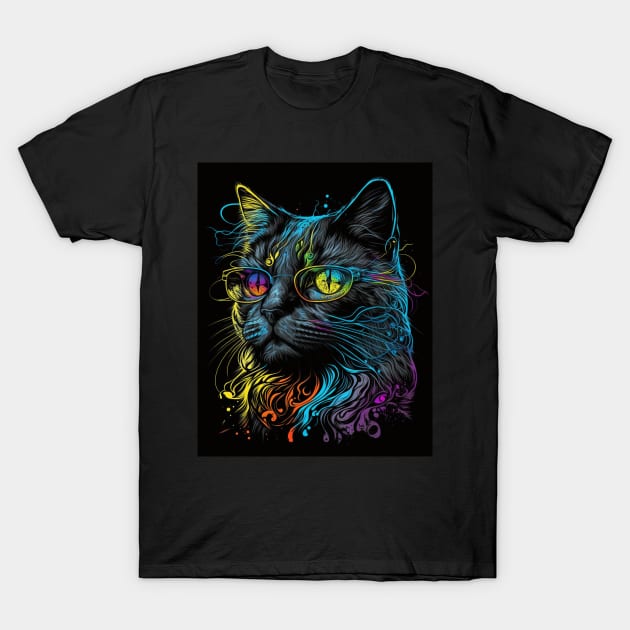 Retro Cat Art Wearing Glasses Splash Abstract Vibe Watercolor Vintage T-Shirt by Inspirational And Motivational T-Shirts